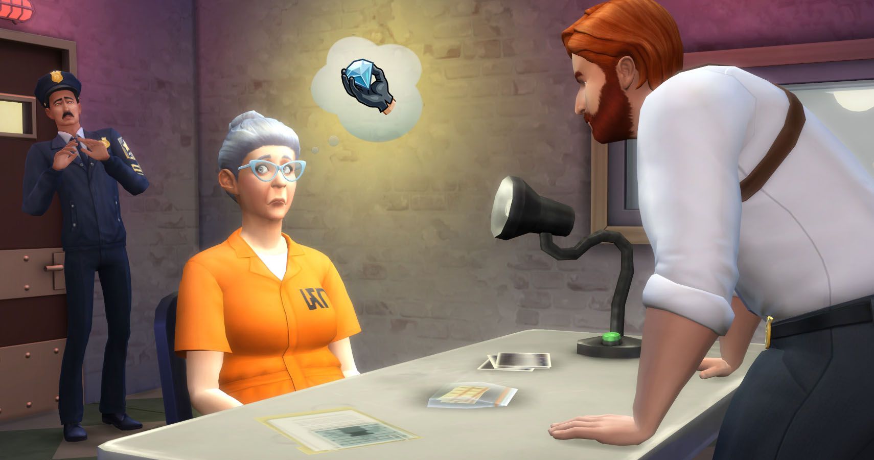 A detective shining a lamp into an older sims face.