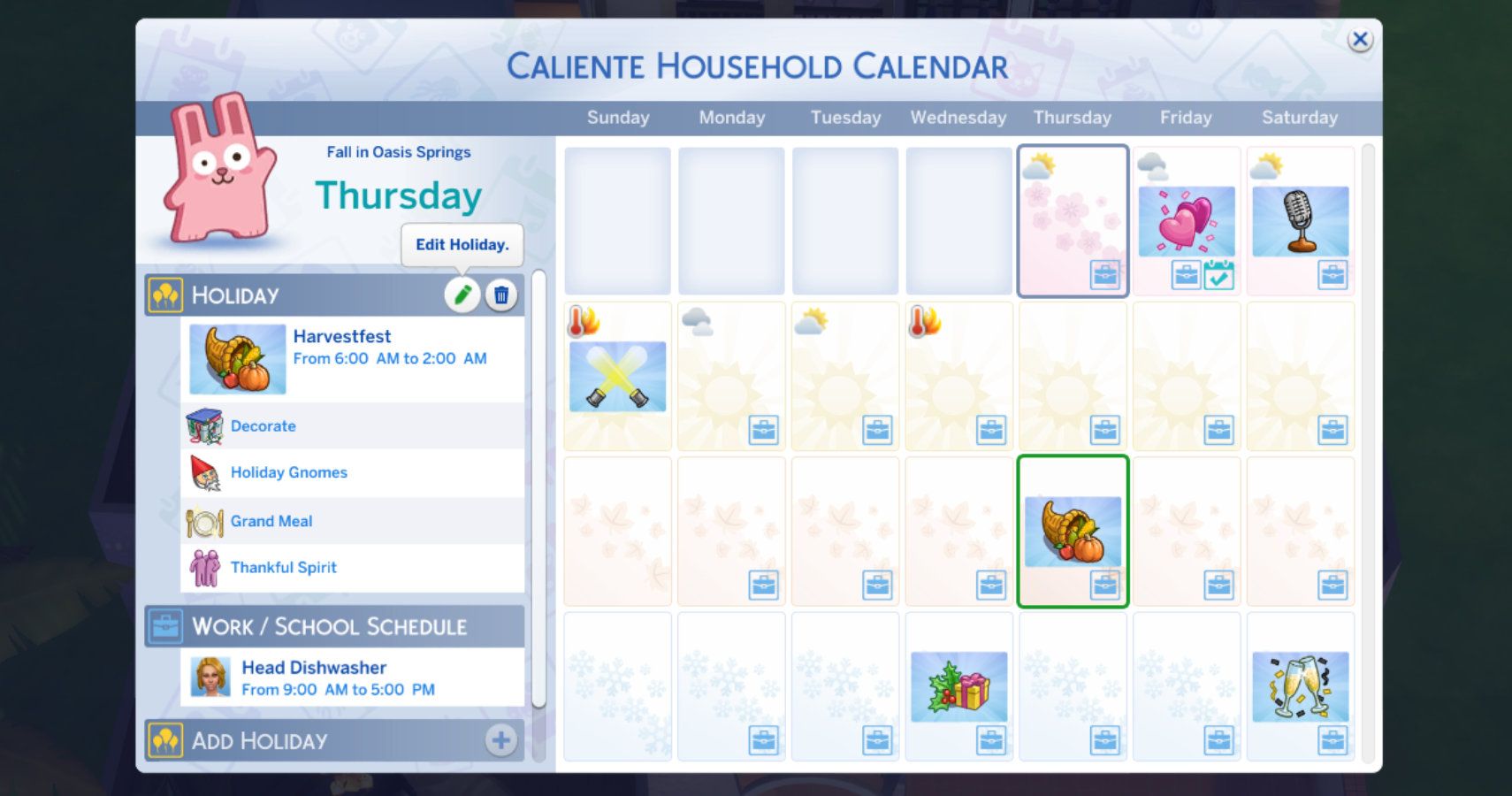 The calendar showing how to edit a holiday.