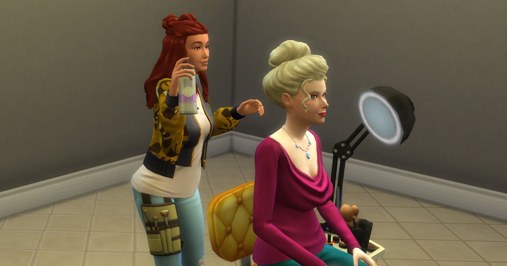 Judith ward getting makeup done in hair and makeup in the acting career in the sims 4 get famous