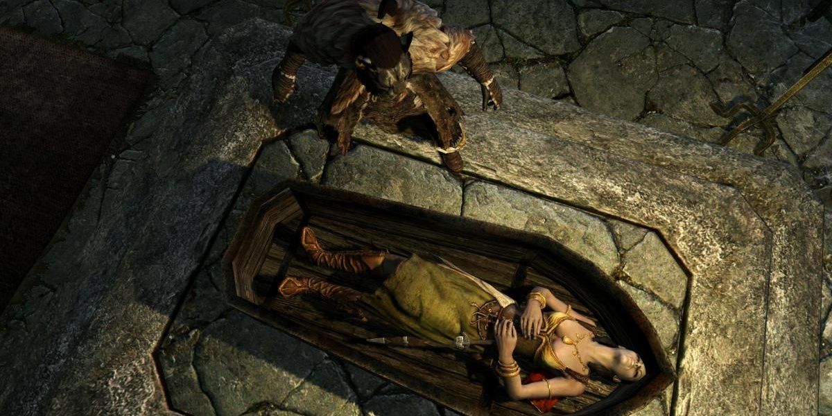 Skyrim screenshot showing Alva in a coffin.