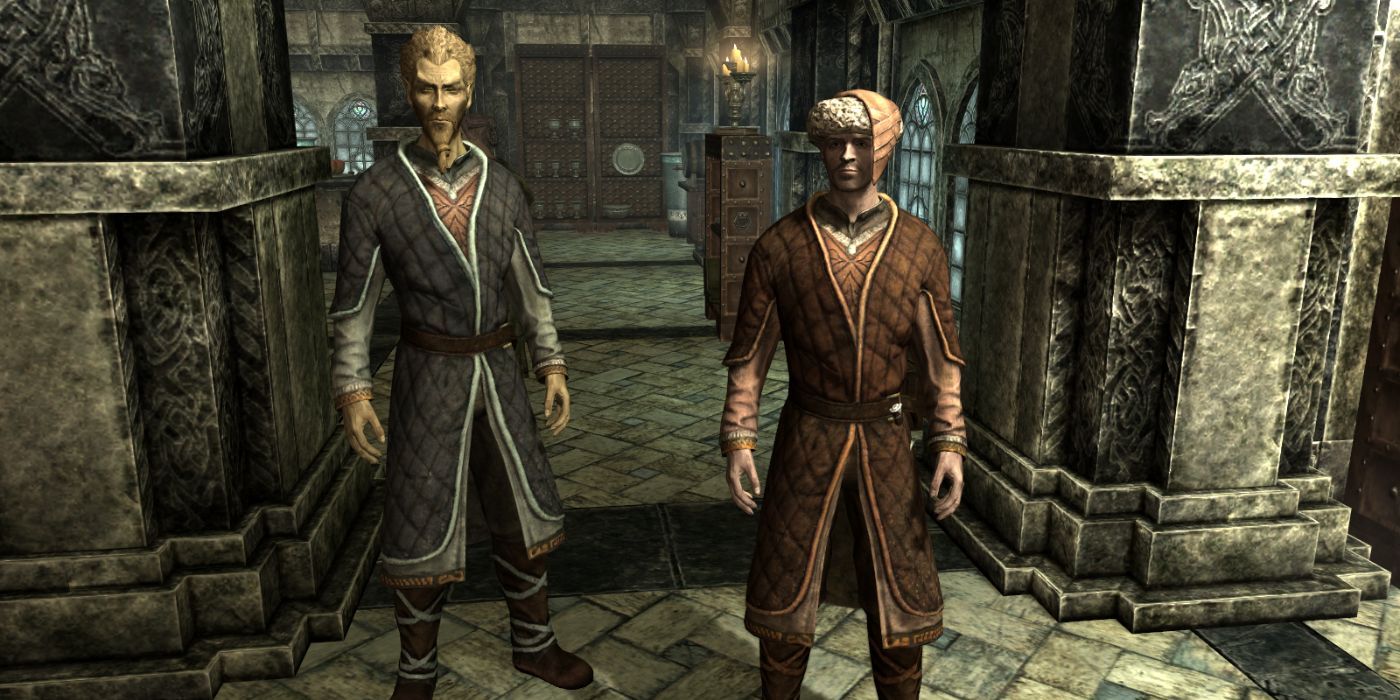 A pair of well-dressed bards look at the camera inside their traditional home.