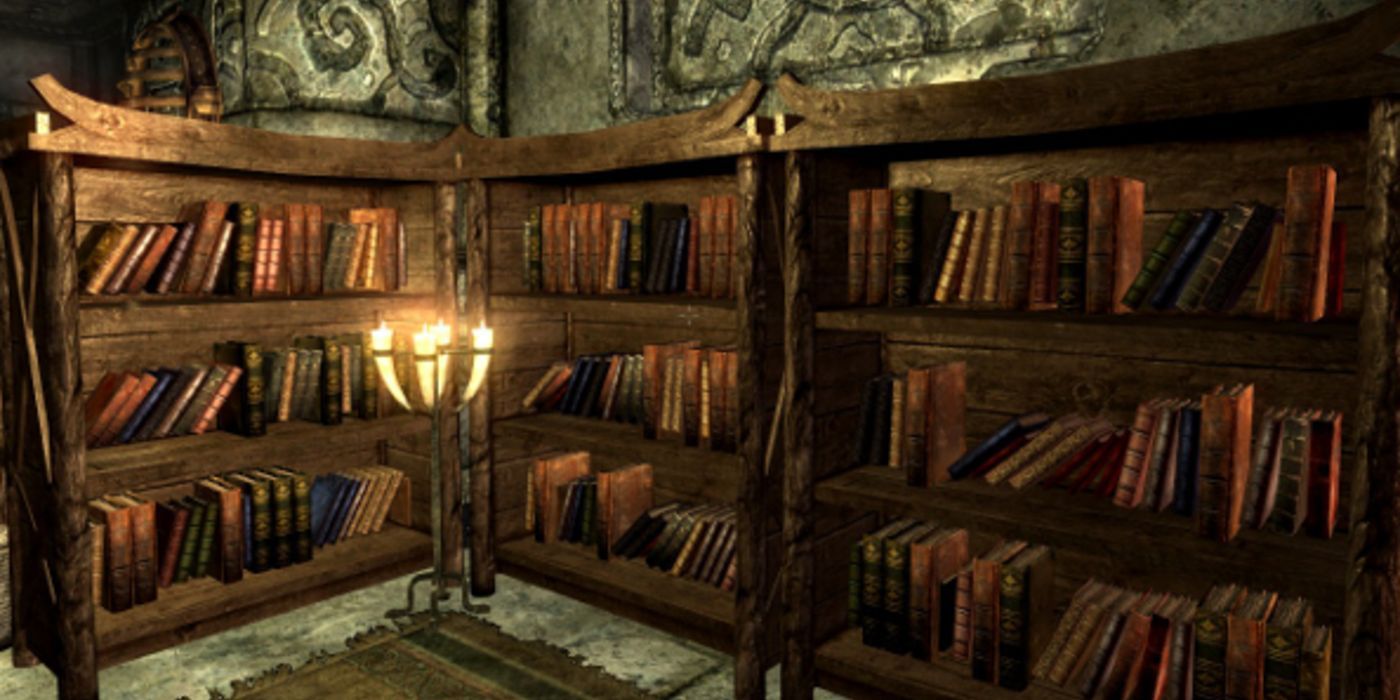 A trio of bookshelves filled with old tomes collapsed on each other.