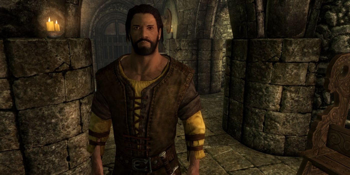 Sorex Vinis looks at the camera inside his tavern in Skyrim.