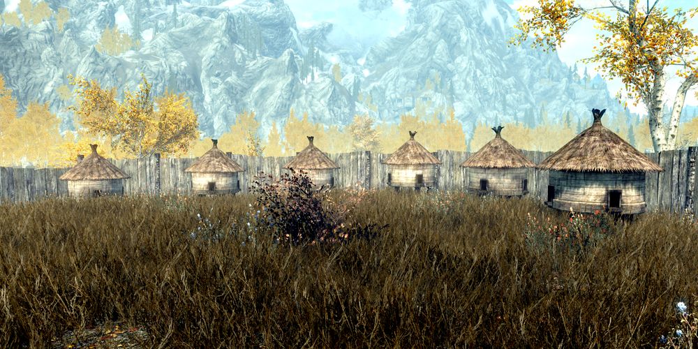 A gameplay screenshot of the Goldenglow Estate's beehives in Skyrim.