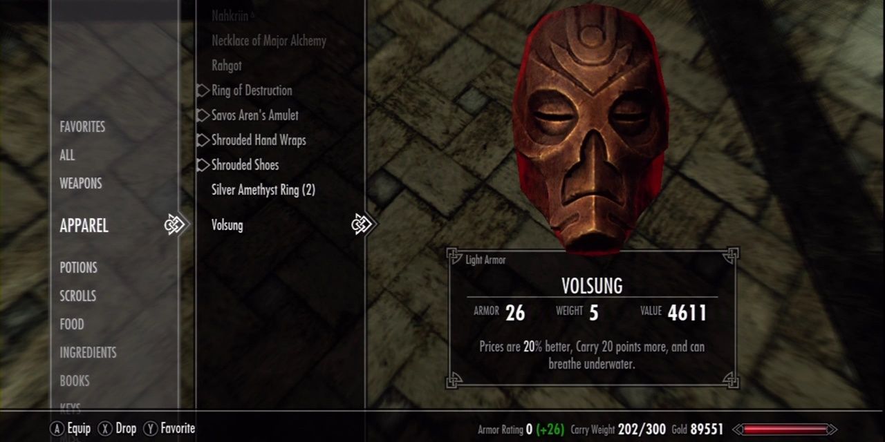 A screenshot of the Skyrim apparel section of the menu. The item featured is Volsung, an ancient mask. The item description reads: &quot;Prices are 20% better, Carry 20 points more, and can breathe underwater.&quot; The armor weight is 26, the weight is 5, and the value is 4611.