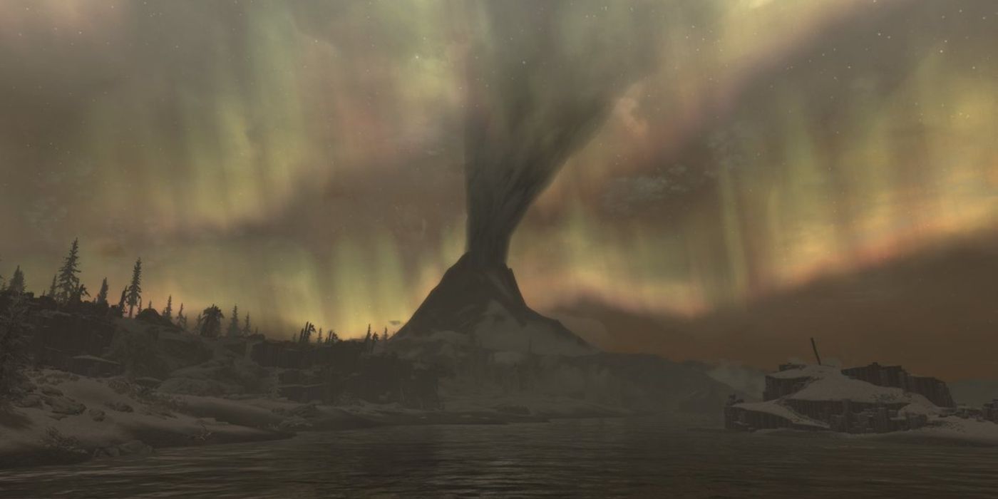 Morrowind's Red Mountain spewing ash in Skyrim