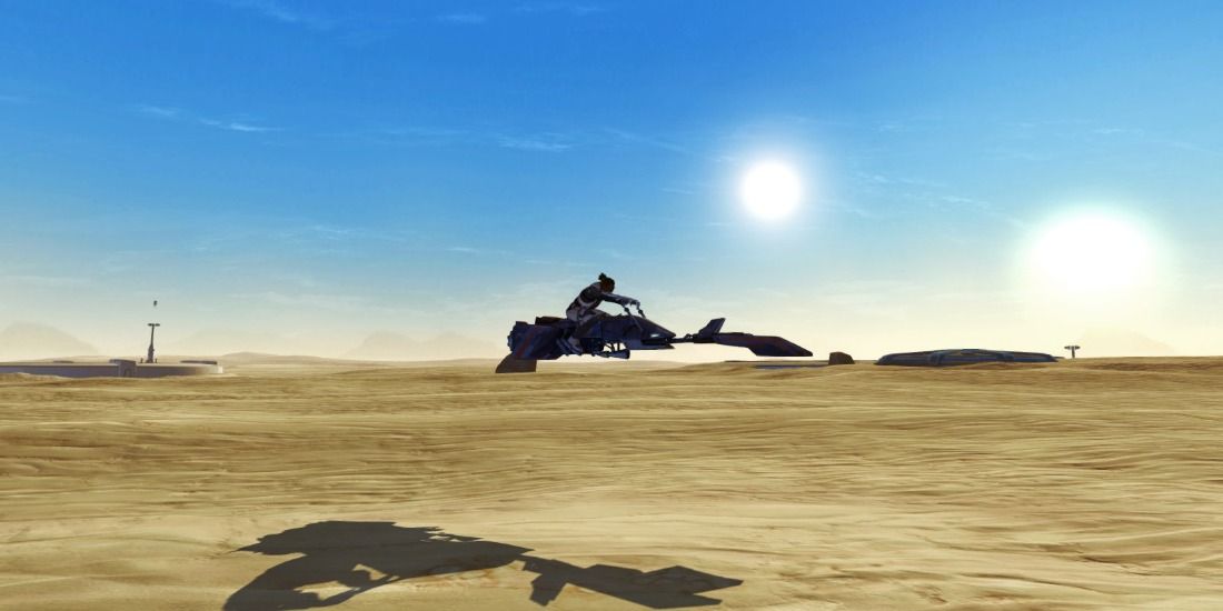 Riding on a desert speeder in Star Wars The Old Republic