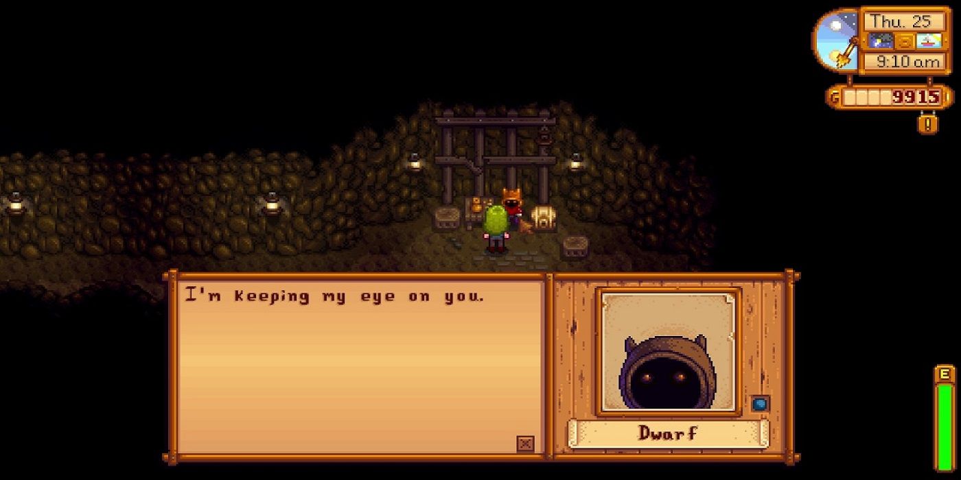 A player in Stardew Valley meeting the dwarf.