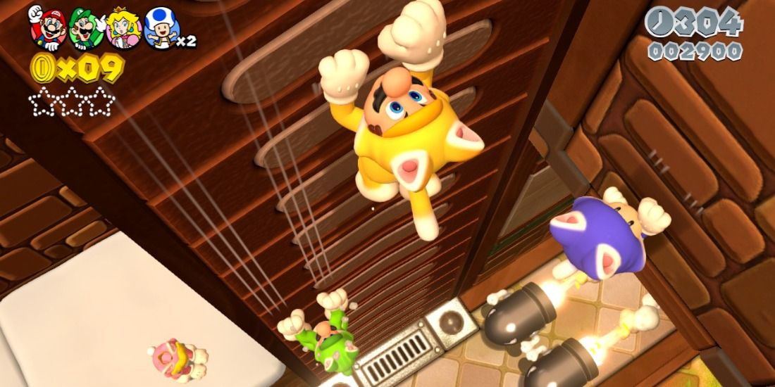 Mario and friends climbing the walls with cat suits in Super Mario 3D World