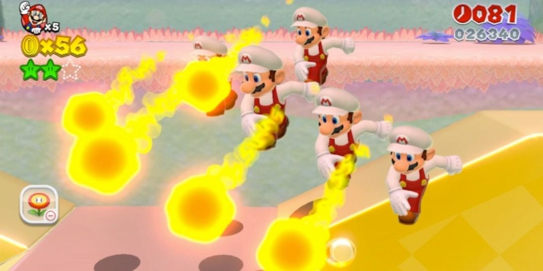 Clones of Mario with a fire flower upgrade in Super Mario 3D World