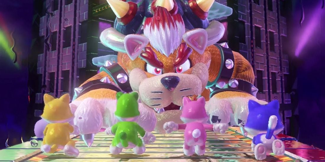 Meowser facing Toad, Mario, Luigi, and Peach in Super Mario 3D World