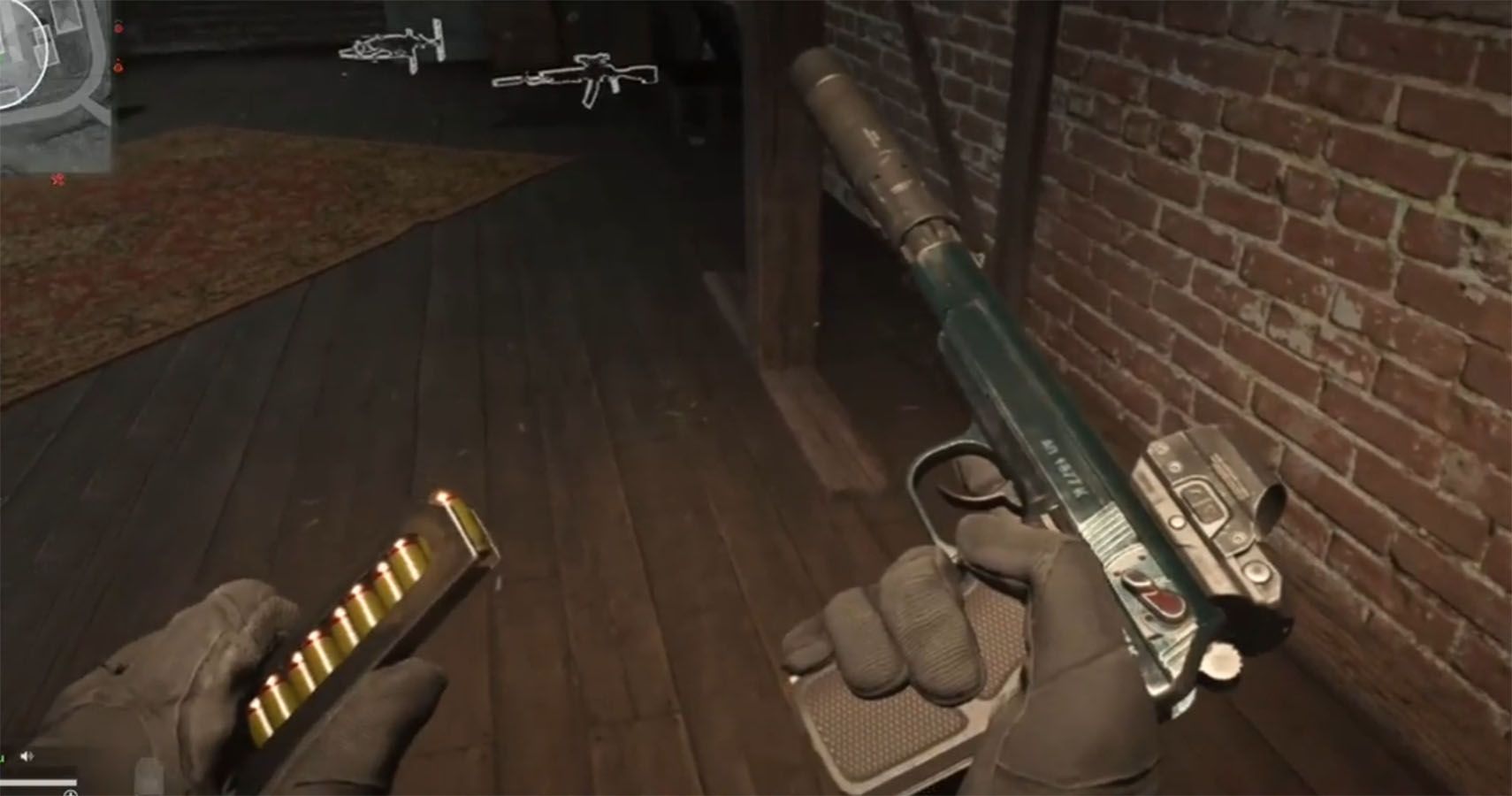 Screenshot of a video shared by Redditor u/RestlessGoats showing a fully automatic, suppressed, Sykov pistol being reloaded.