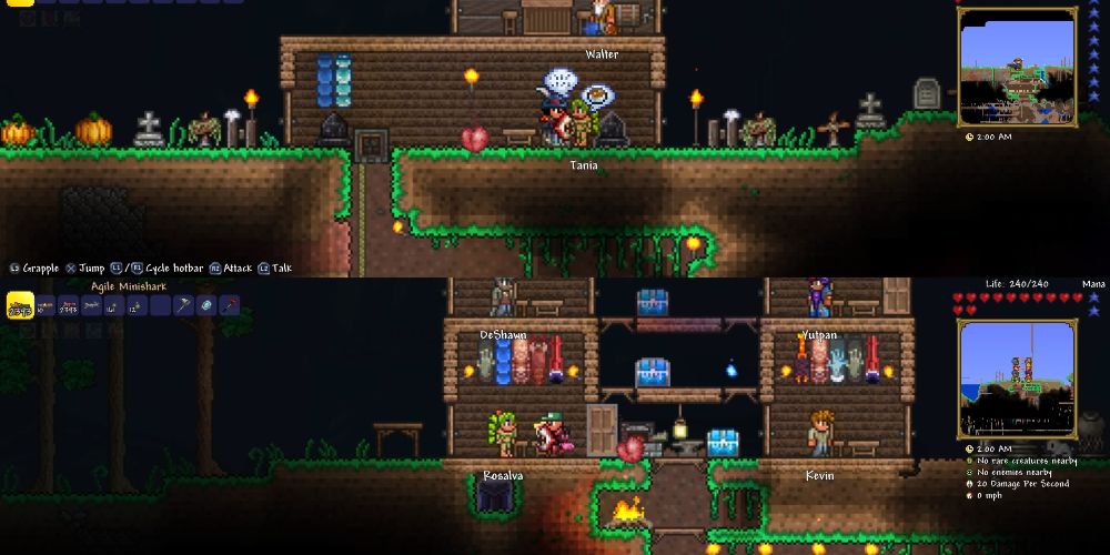 Terraria players interacting with each other above ground and underground