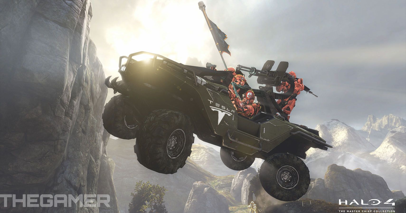 Official screenshot of a Warthog from the Halo 4 The Master Chief Collection from Microsoft with Tesla and The Gamer logos applied