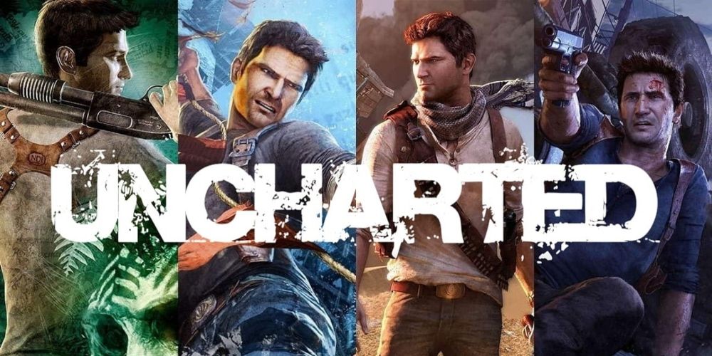 A collage of the four main Uncharted games