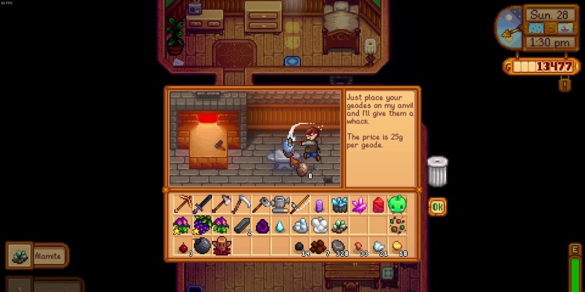 The blacksmith opening some geodes in his shop