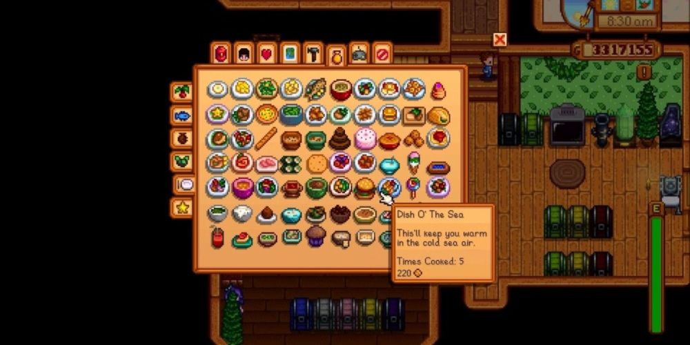 The various recipes you can cook in the game