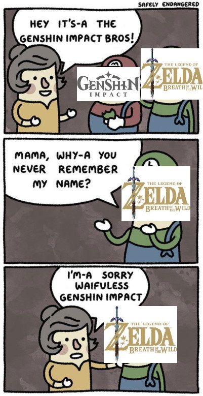 A meme that calls Zelda a waifuless game compared to Genshin Impact