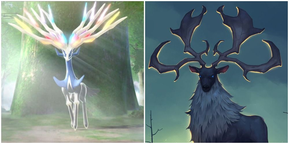 Xerneas and Norse Eikthyrnir as depicted in Northgard
