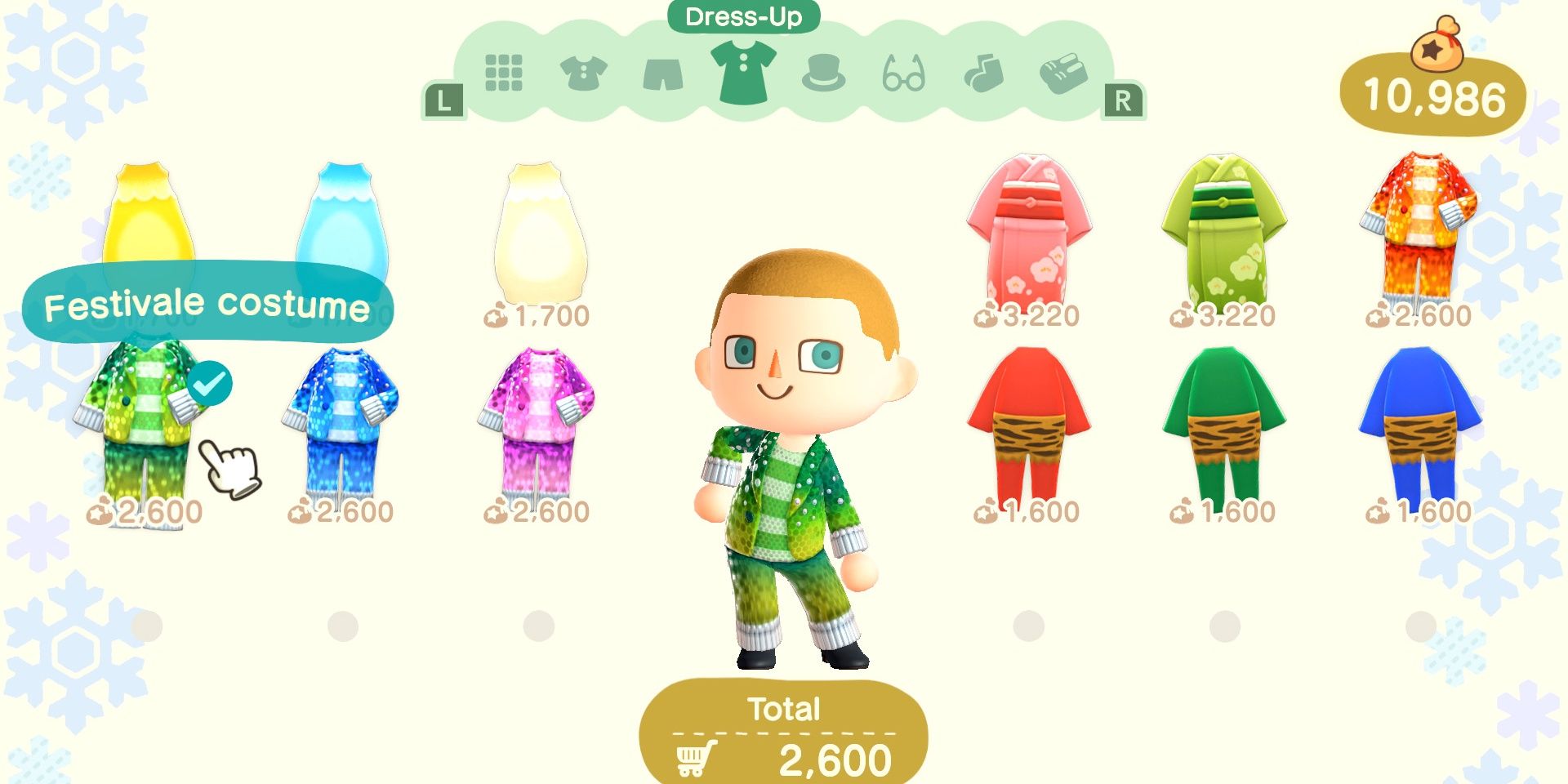 screenshot of player selecting and wearing the festivale costume in the clothing store