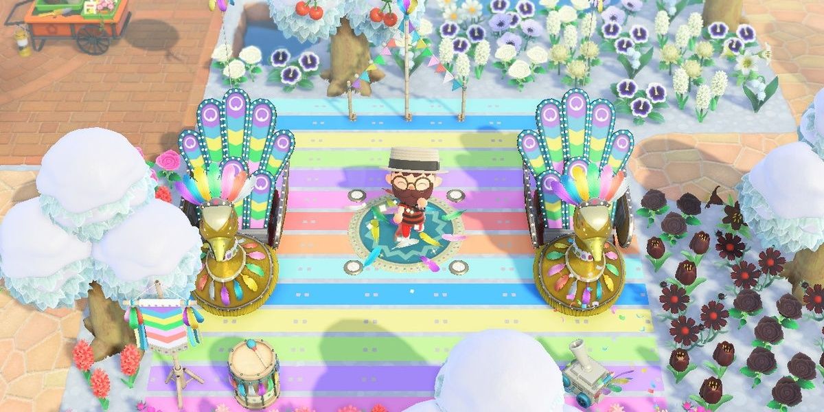 screenshot of playing posing with two festivale float items on their island