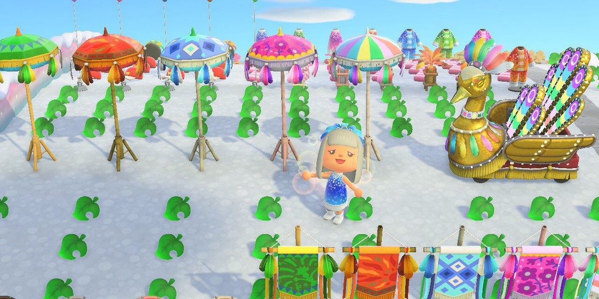 Screenshot of player's massive collection of festivale items across their island, including all variants of the festivale parasol
