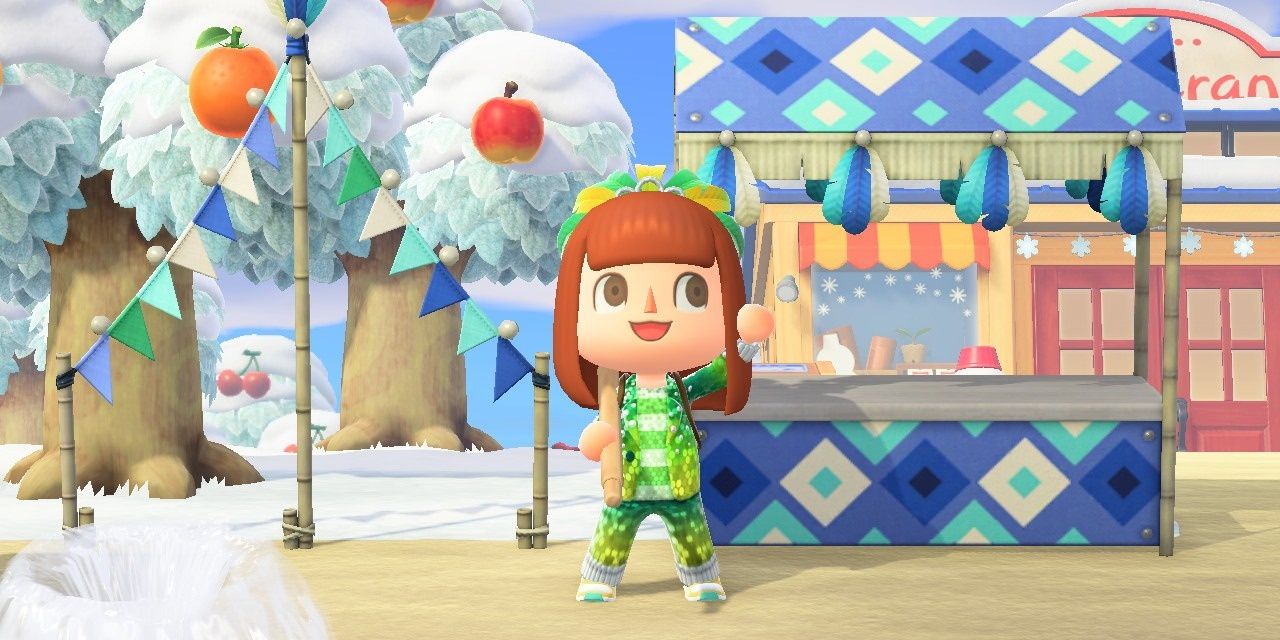 screenshot of a player posing in front of a blue Festivale stall