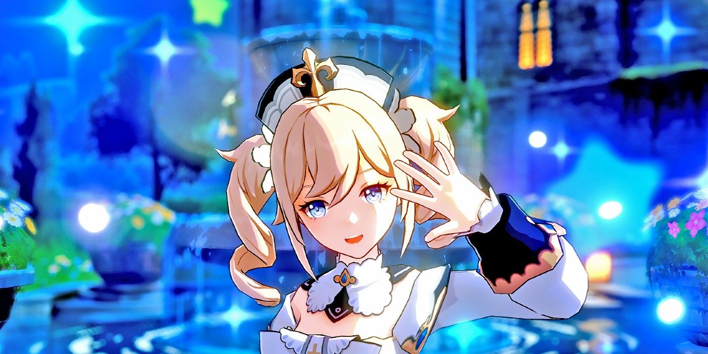 Barbara from Genshin Impact grinning with her hand to her face in an idol pose