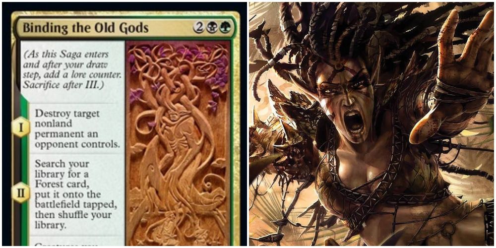 Split image of Binding of the Old Gods 2 Magic: The Gathering card and artwork.