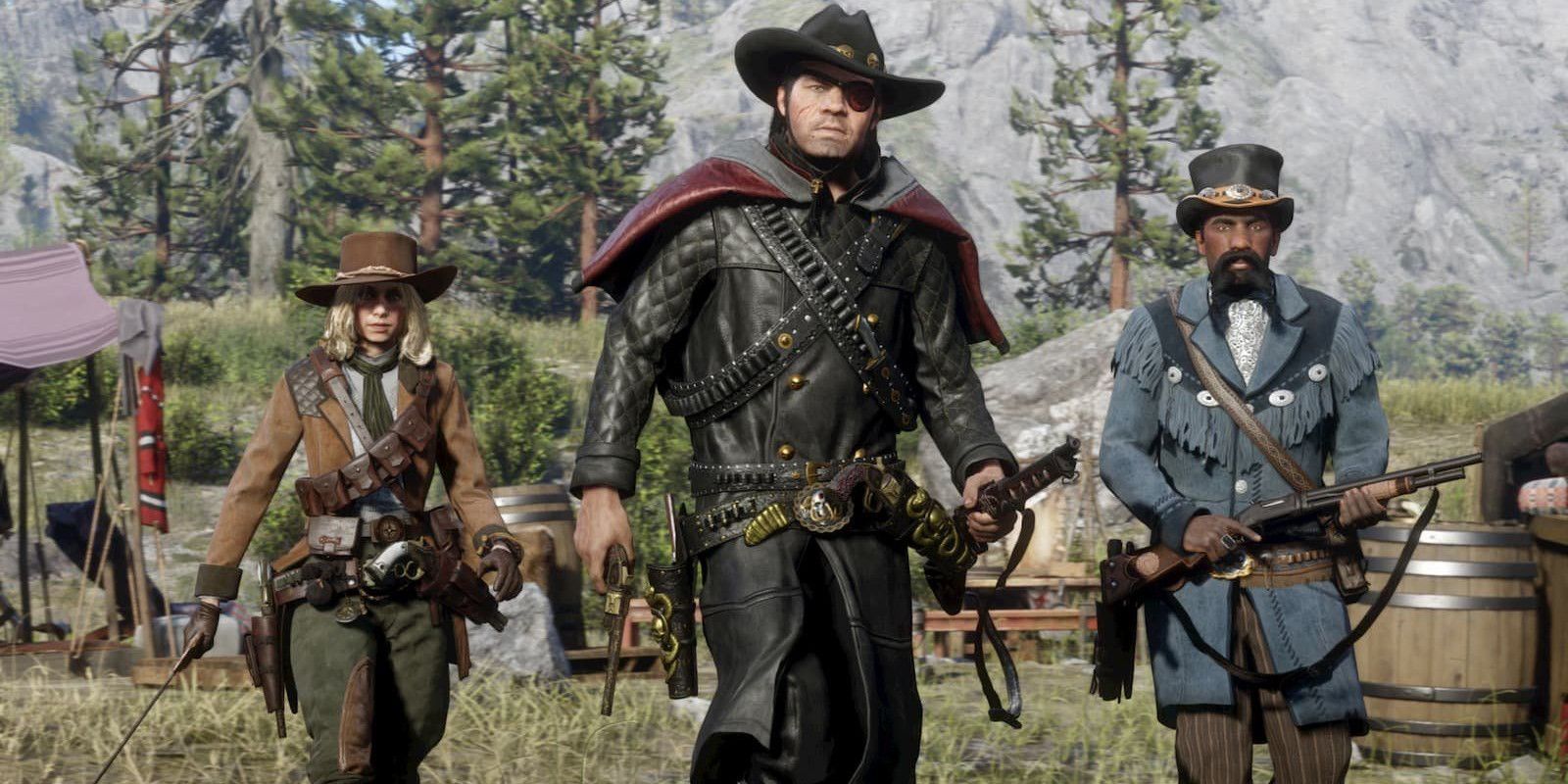 Three menacing Bounty Hunters standing next to each other in RDO