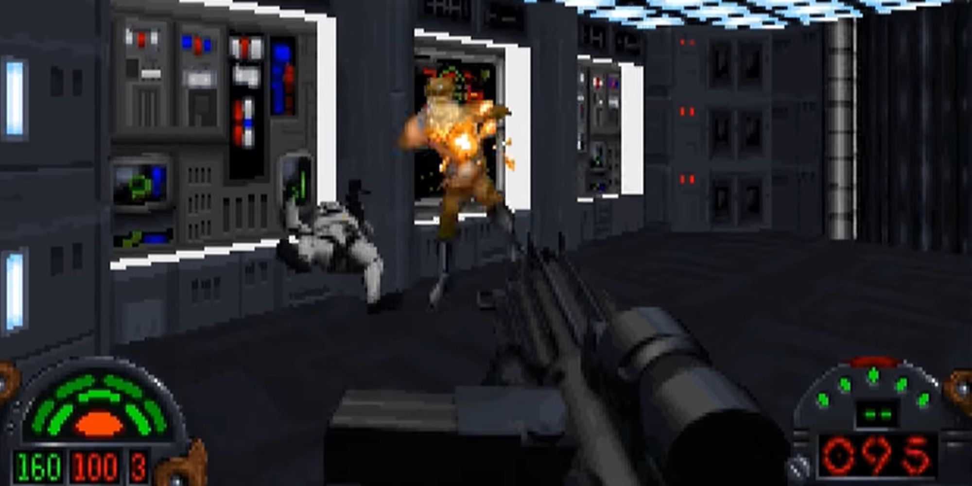 Kyle Katarn shoots a stormtrooper in Dark Forces