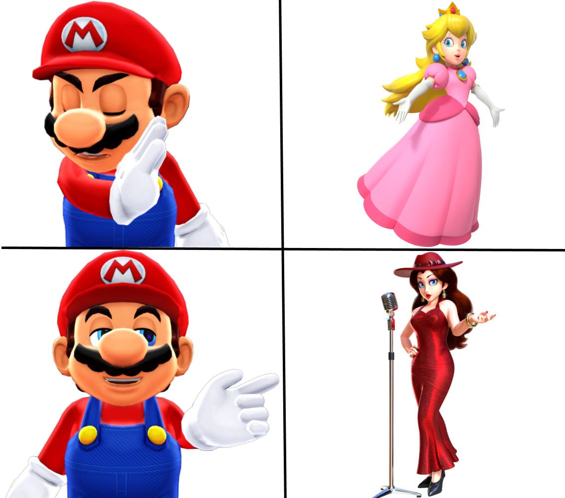 Mario as Drake from the meme rejects Princess Peach and chooses Pauline