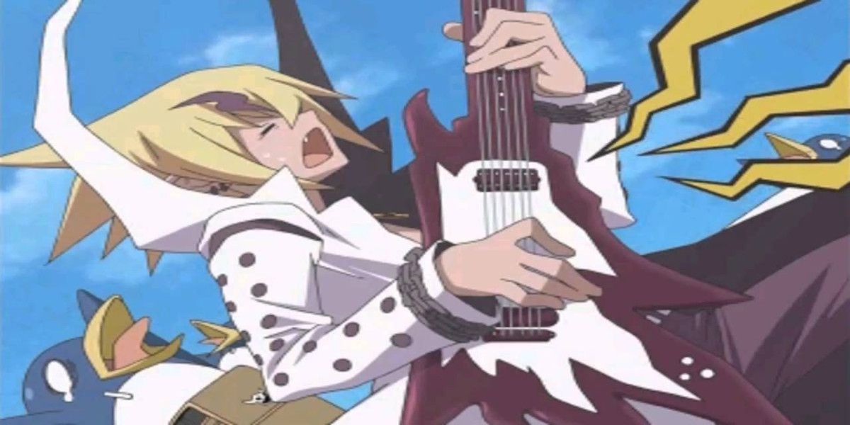 A scene from Disgaea 2: Dark Hero Days featuring a character playing guitar
