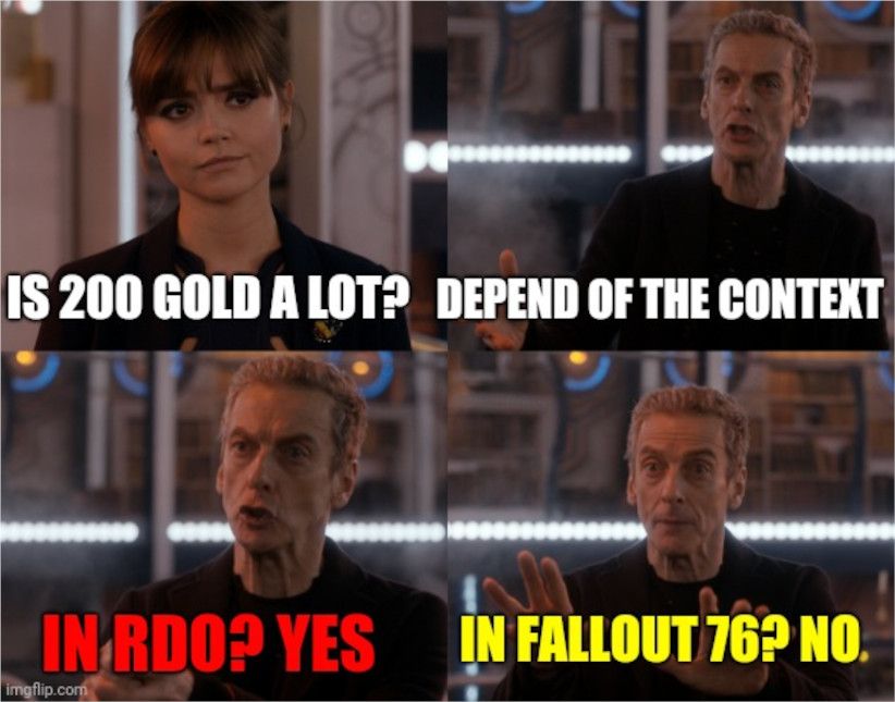 a meme about gold in red dead online and fallout 76