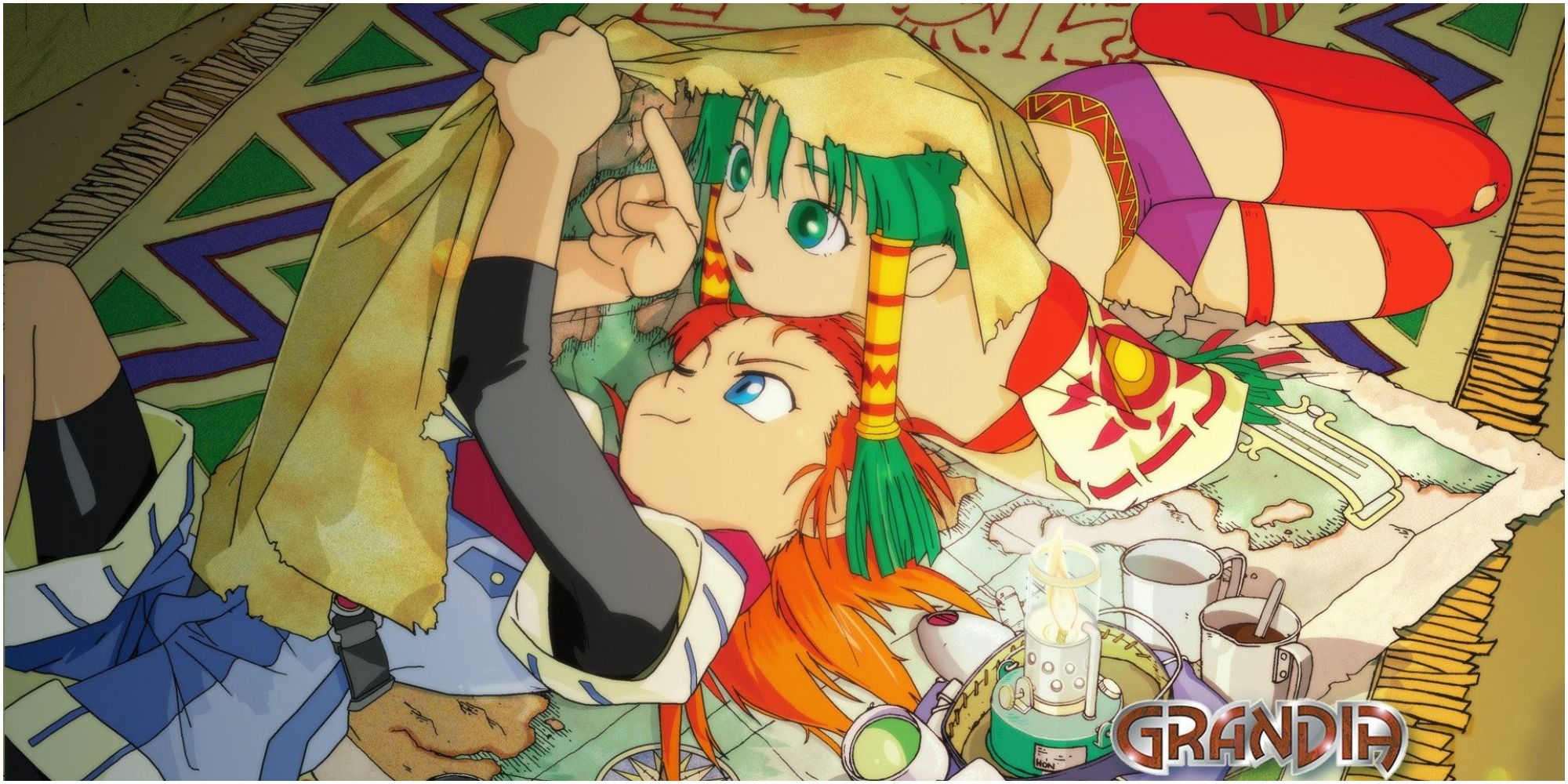 Justin and Feena from Grandia, lying on a rug. 
