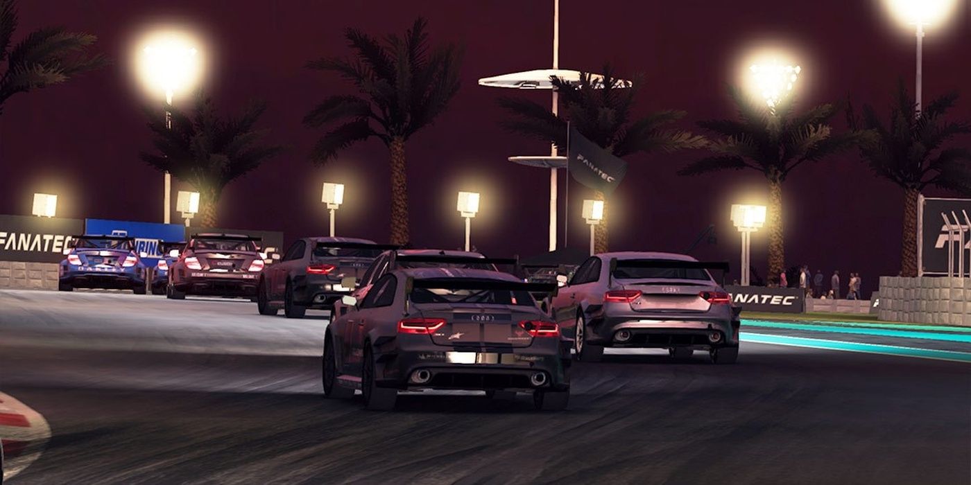 Cars turning on raceway at night in Grid Autosport.