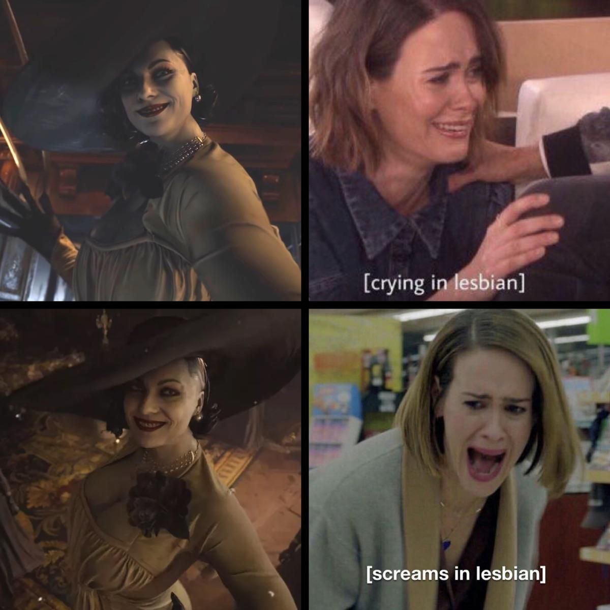 Pictures of Lady Dimitrescu with pictures of actress screaming with the subtitle "lesbian screaming."