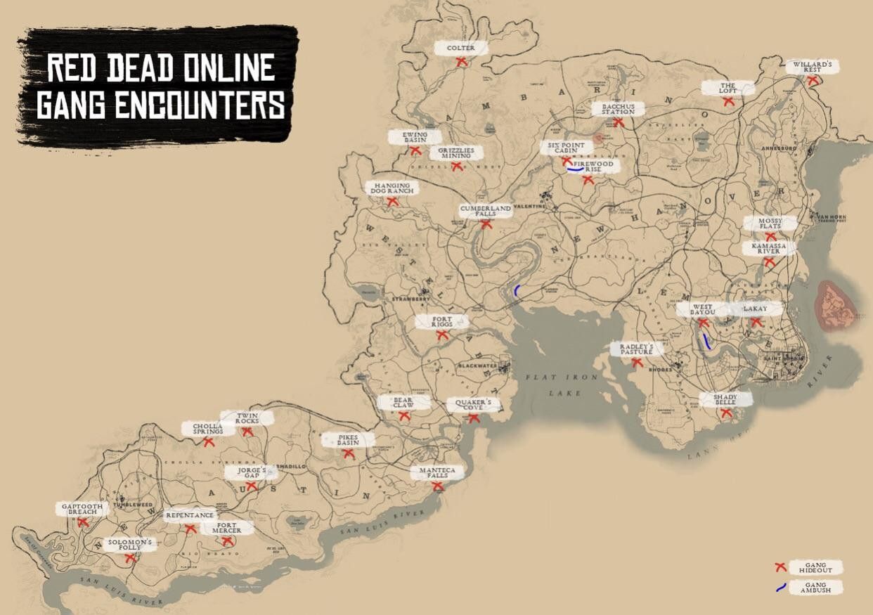 a map showing where all the hideouts in red dead online are