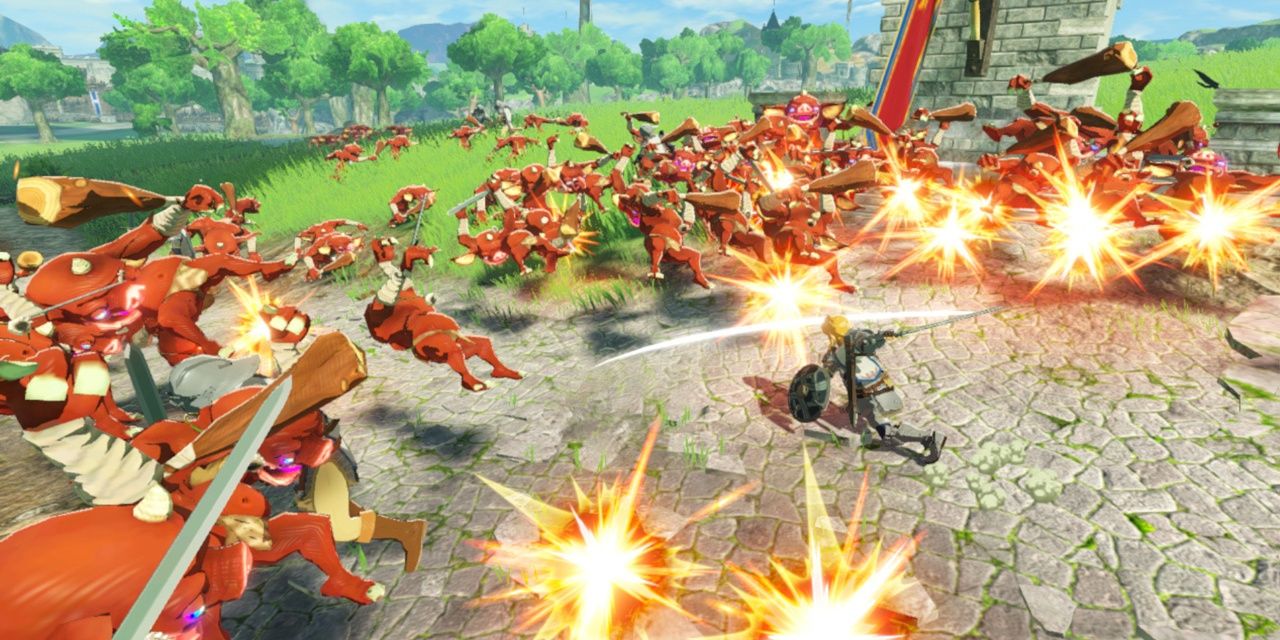 screenshot of Link slicing his sword through several bokoblins, though many more are approaching him