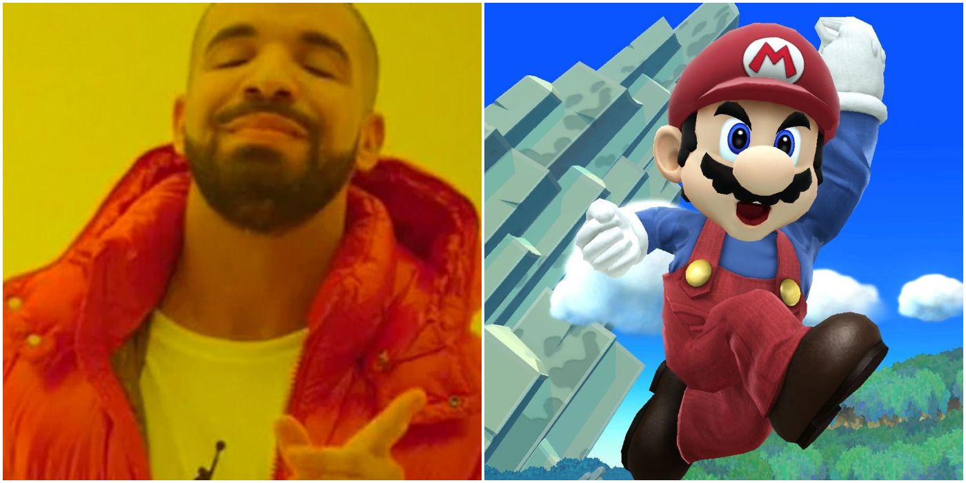 A collage with Drake on the left and Mario on the right
