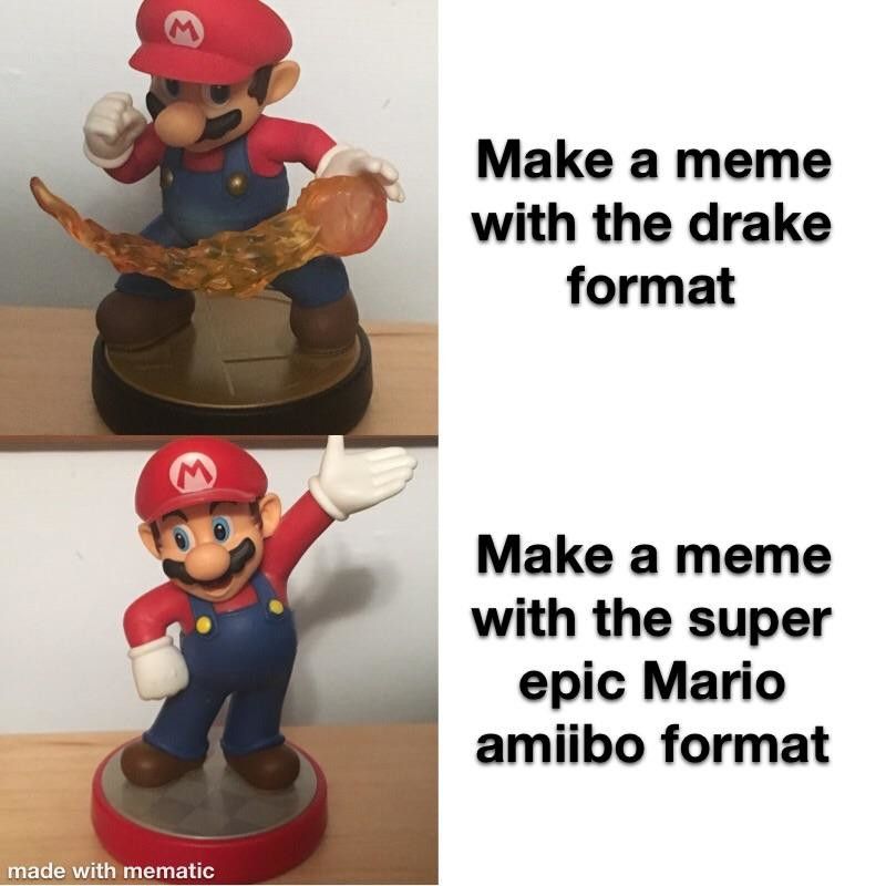 A meme mocking the Mario as Drake format using amiibos.
