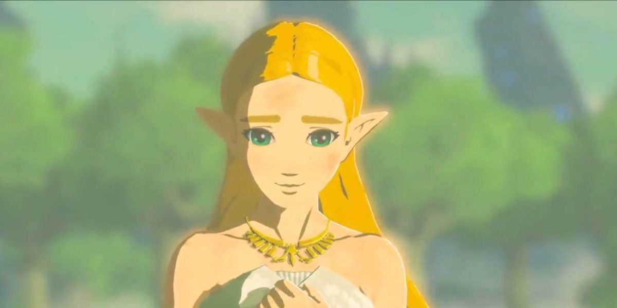 Zelda holds her hand to her chest and looks down in Breath of the Wild.