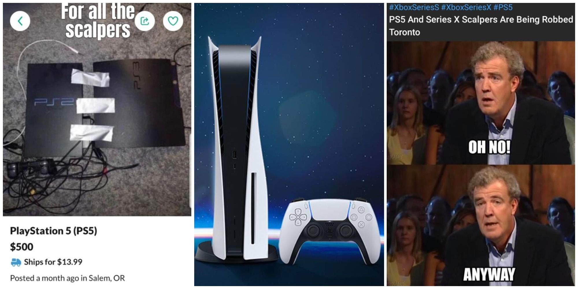 A collage featuring memes regarding the current situation with PS5 scalpers