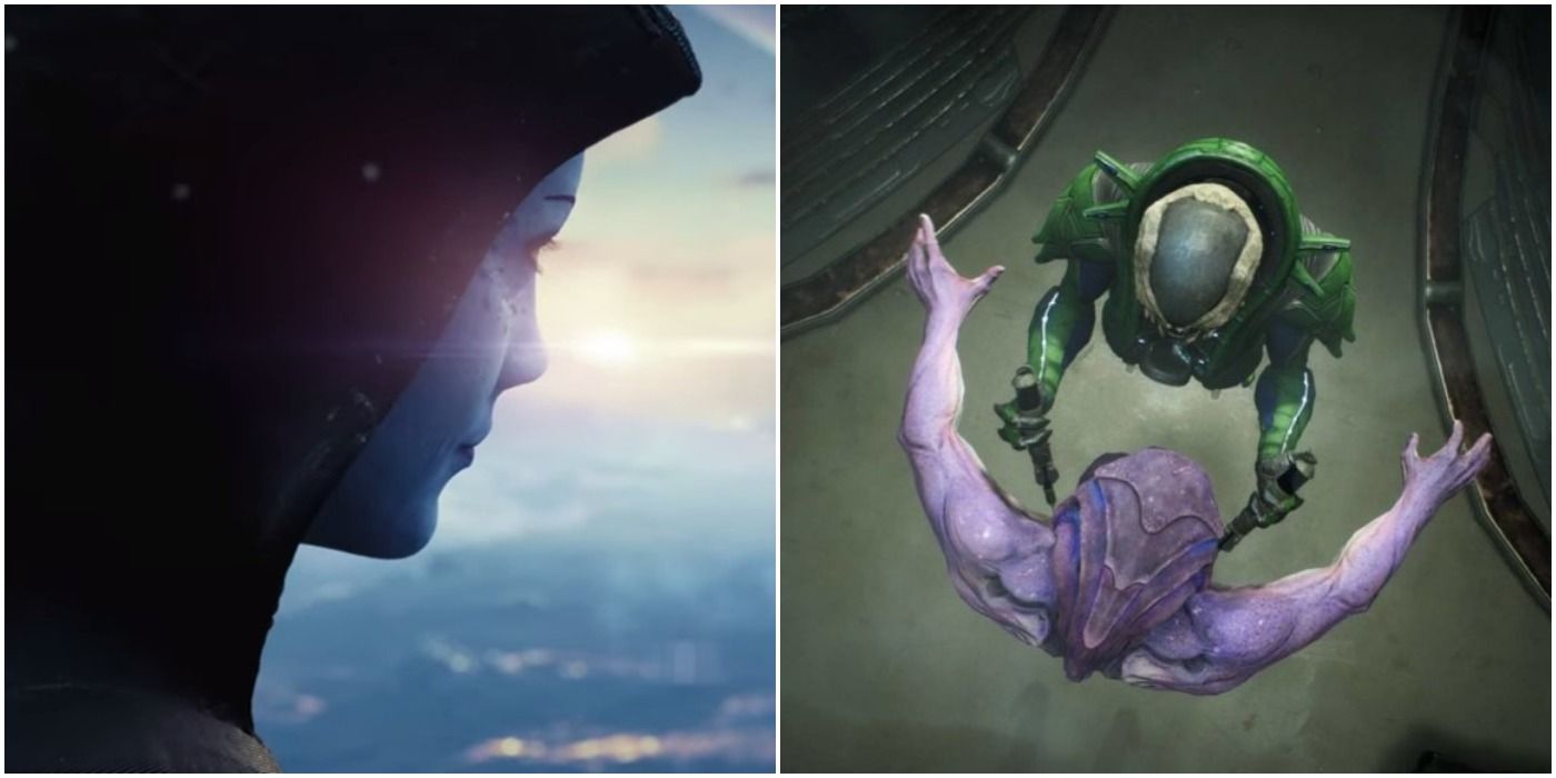 Liara in the Mass Effect Next Gen trailer (left) and an Angara gets exalted by a Kett (right) in ME Andromeda