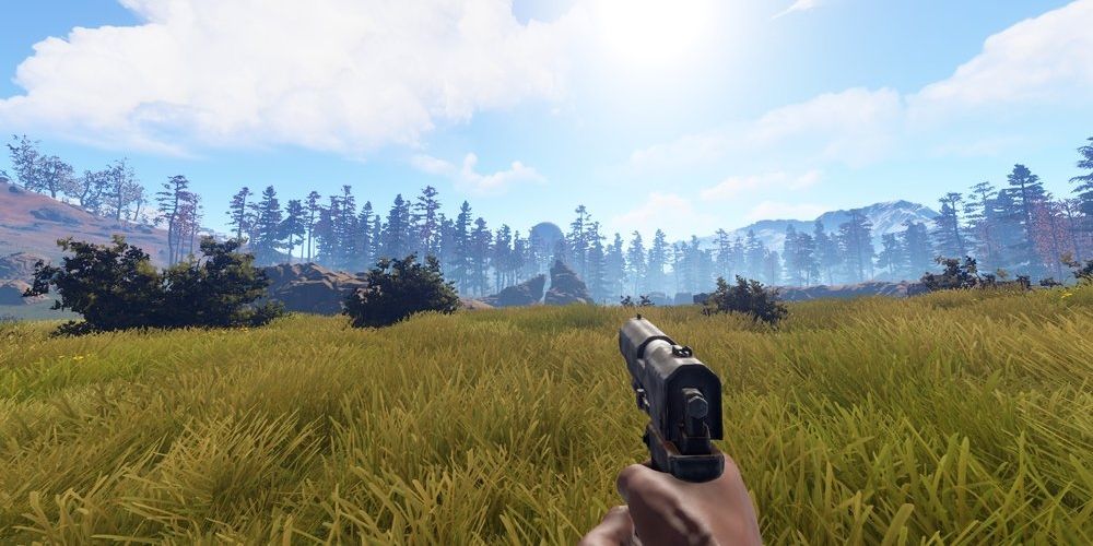 A screenshot of a player using a handgun in Rust