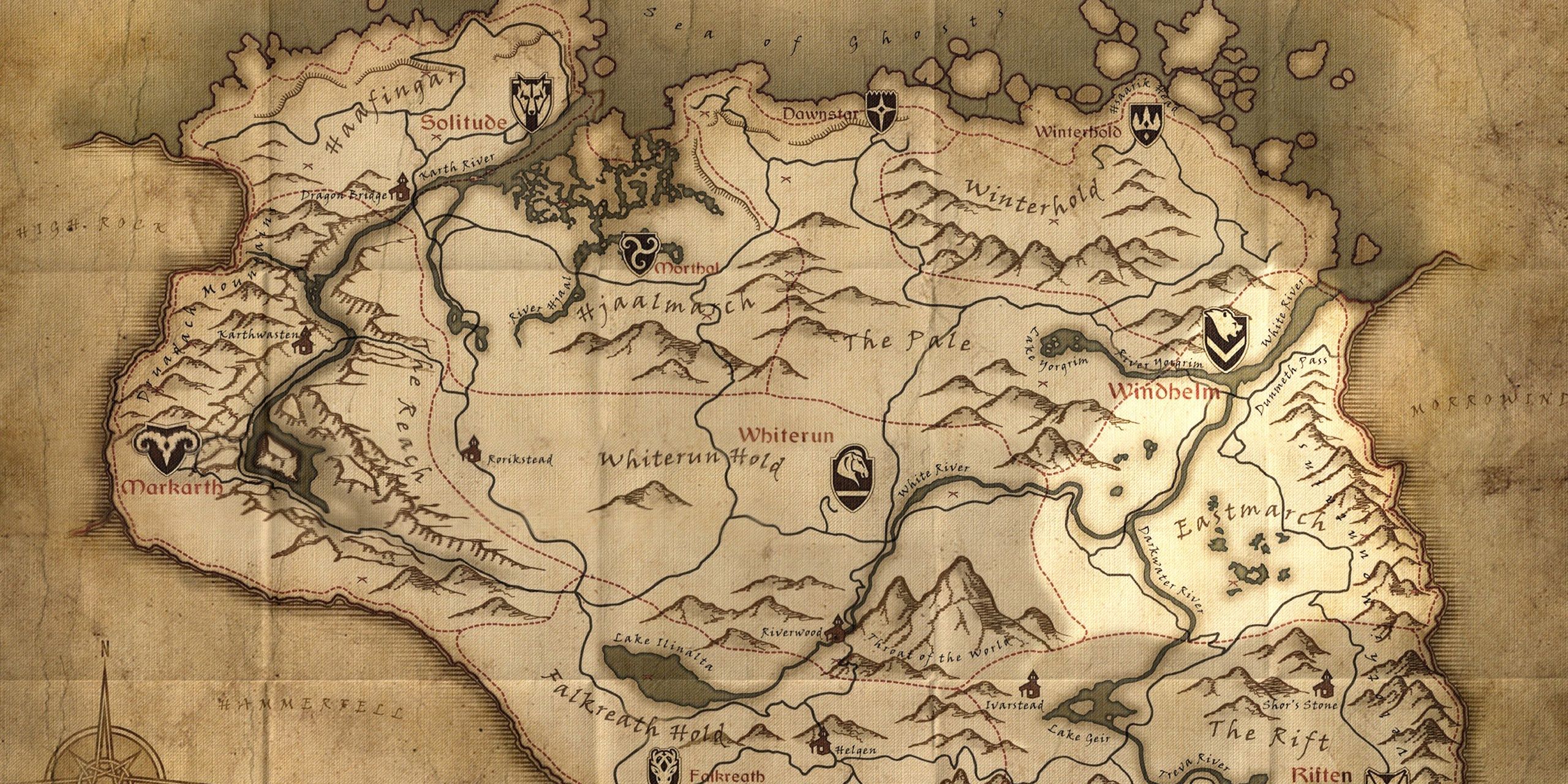 A map of skyrim highlighting Easrtmarch