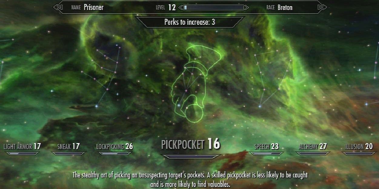 A screenshot of the Skyrim skills menu tree, focused on the pickpocket skill. This player's Pickpocket skill is 16.