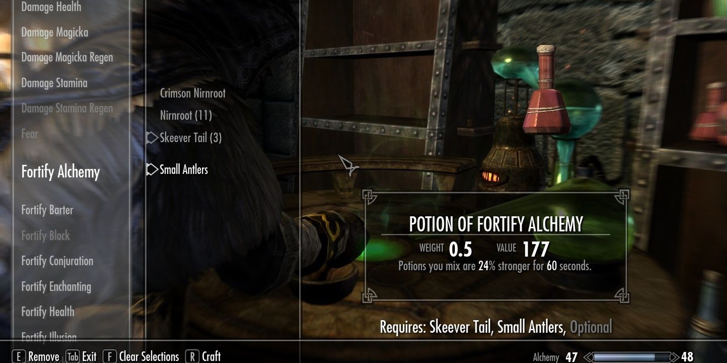 A photo of the alchemy menu in skyrim. the focus is on a potion of fortify alchemy, which is kept in a red bottle.