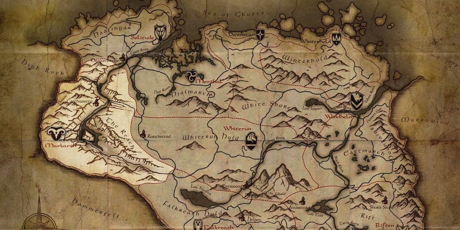 A map of skyrim with The Reach highlighted
