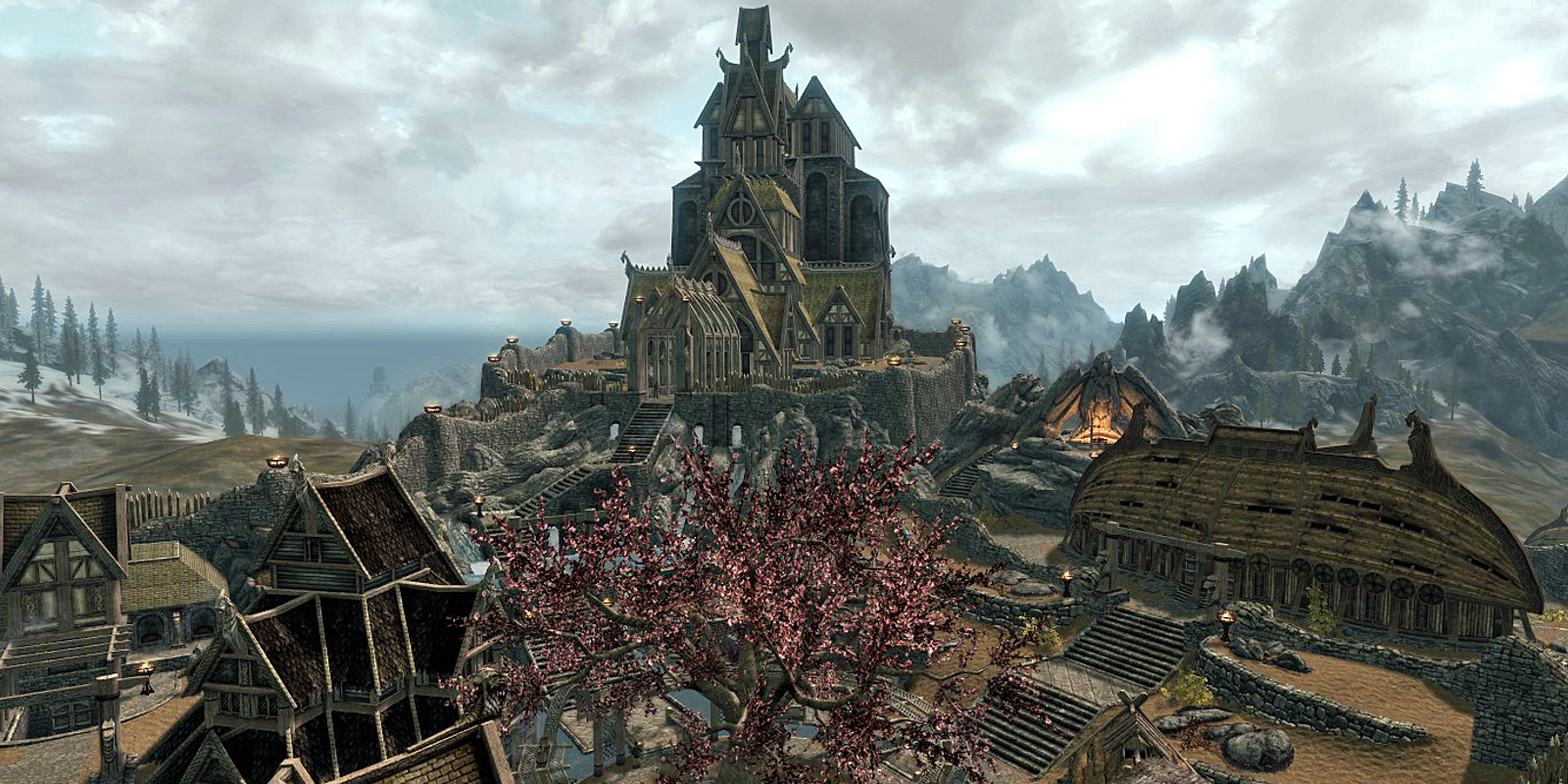 A photo of the town of Whiterun. Dragonsreach and the tree in the center of town can be seen